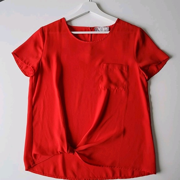 PINK ROSE‎ Red Blouse Womens Medium Short Sleeve Knot Front Chest Pocket Shirt - Picture 6 of 15